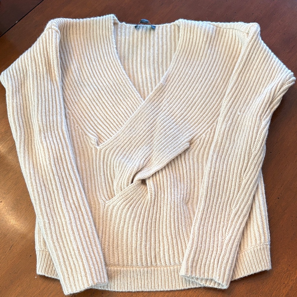 Ann Taylor Cream Ribbed Crossover Sweater